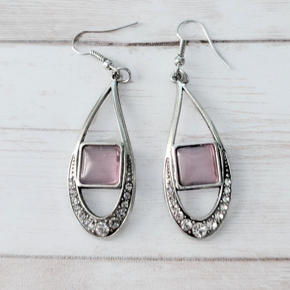 Long Silver Tone, Pink, Clear Gem Dangle Earrings - Fair Condition